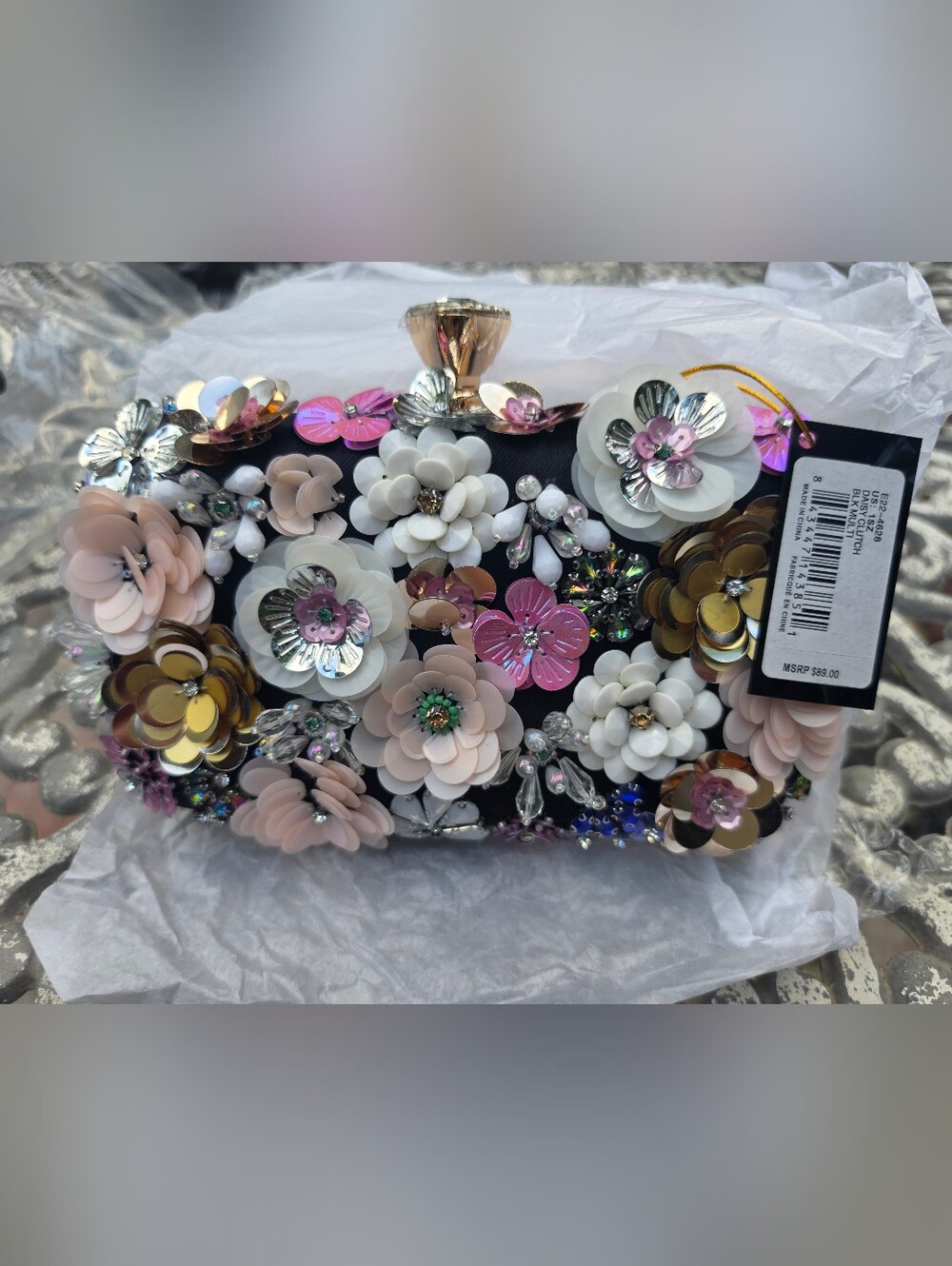 Embellished Floral Evening Clutch - Black with Pink, White & Gold Flowers